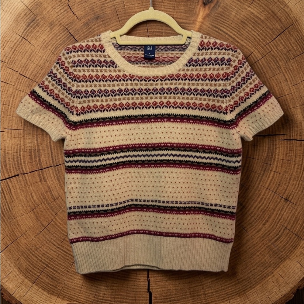 Vintage 90s GAP Sweater Women's Large Lambswool Fair Isle Short Sleeve Cropped